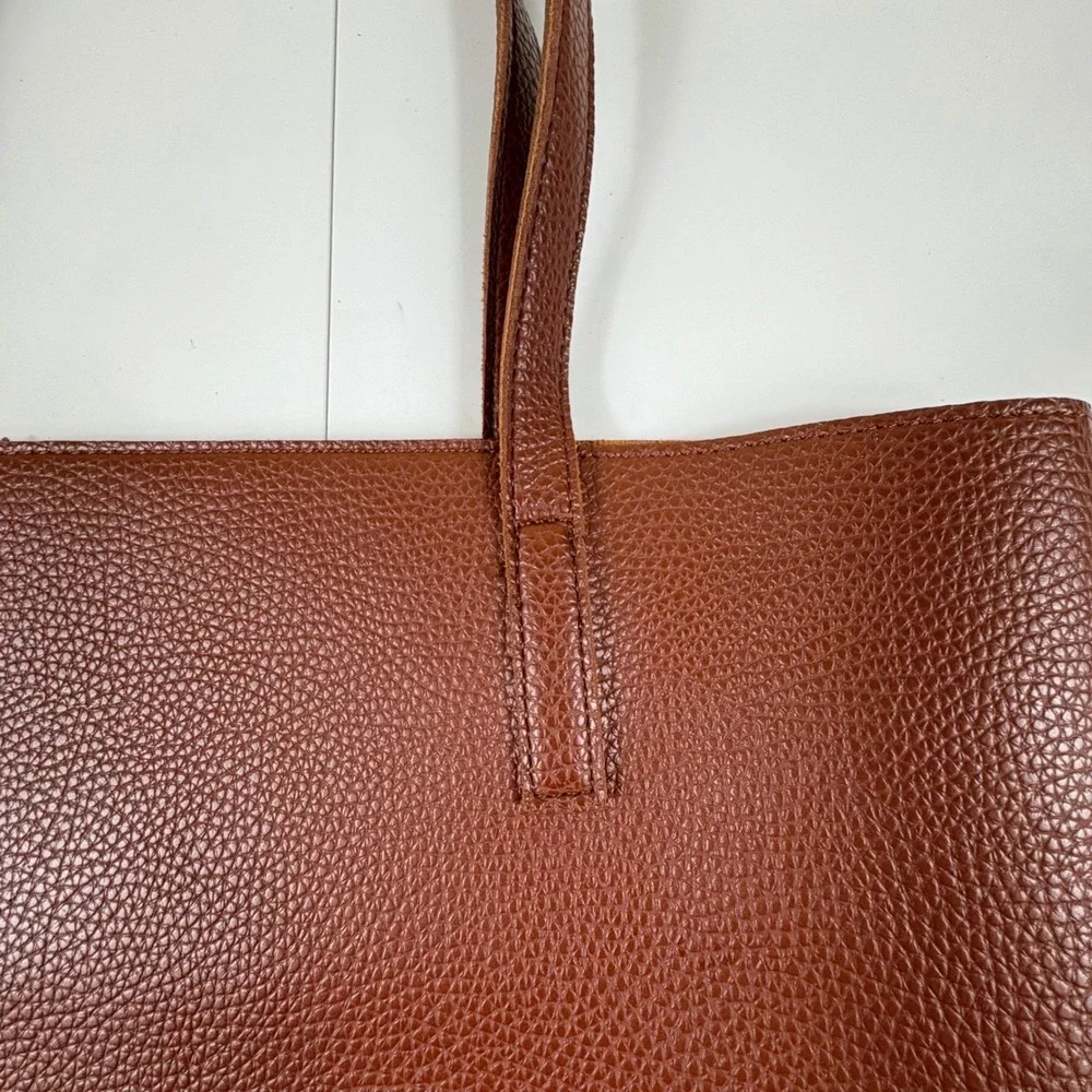 Vince Camuto Brown‎ Pebbled Leather Tote Bag Black Stripe Work Bag